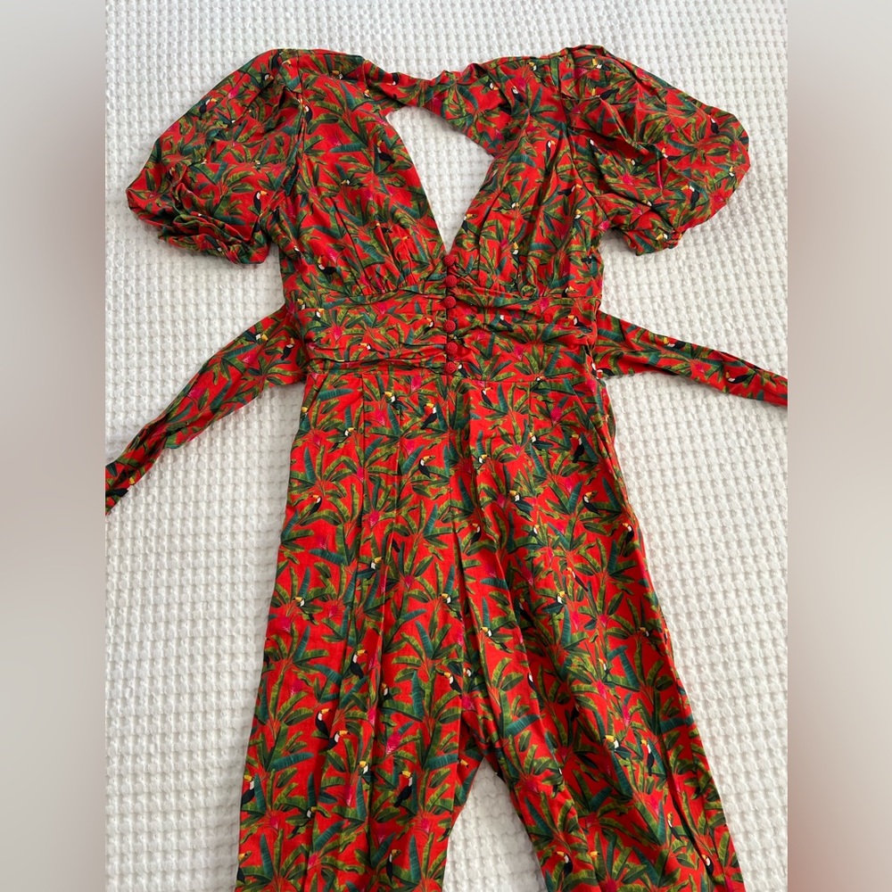 Red Tropical Print Jumpsuit with Puff Sleeves